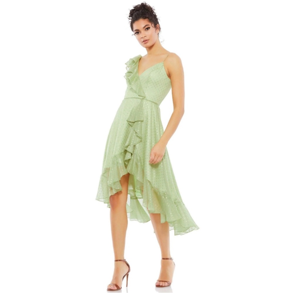 NEW✨Mac Duggal RUFFLED FAUX WRAP MIDI DRESS Green size 6